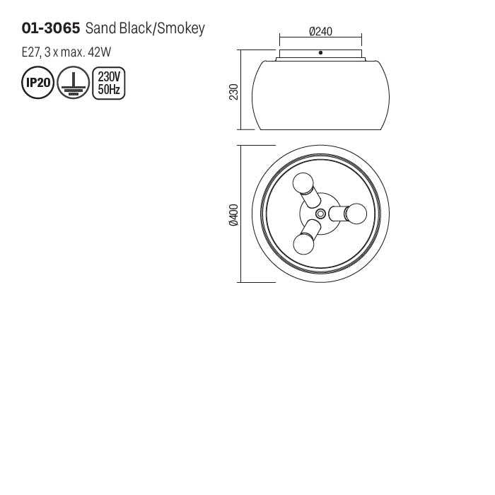 Plafoniera Croma, negru mat, sticla fumurie, 3XE27, IP20, Smarter, 01-3065