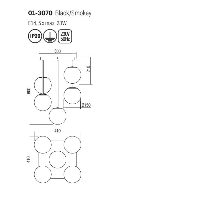 Plafoniera Boldy, negru mat, sticla fumurie, 5XE14, L.33 cm, IP20, Smarter, 01-3070