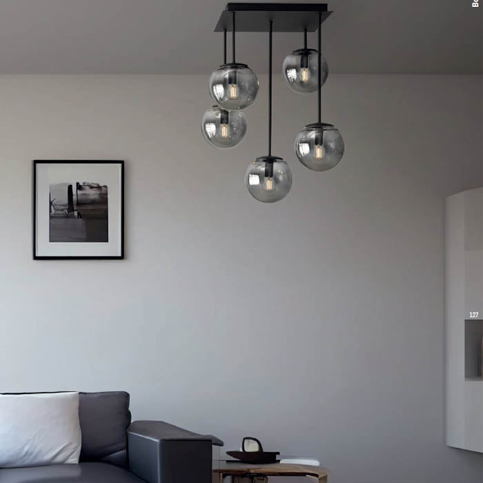 Plafoniera Boldy, negru mat, sticla fumurie, 5XE14, L.33 cm, IP20, Smarter, 01-3070