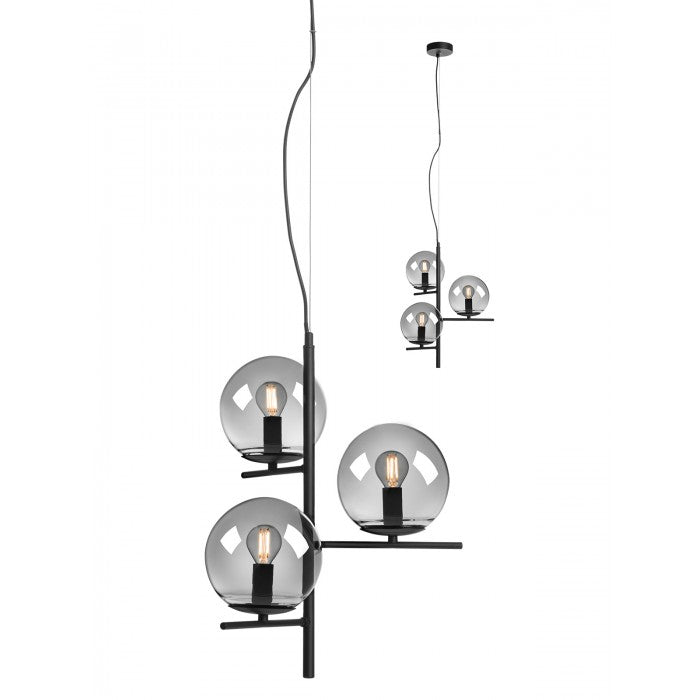 Lustra Boldy, negru mat, sticla fumurie, 3XE14, D.40 cm, Smarter 01-3072