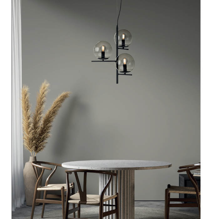 Lustra Boldy, negru mat, sticla fumurie, 3XE14, D.40 cm, Smarter 01-3072