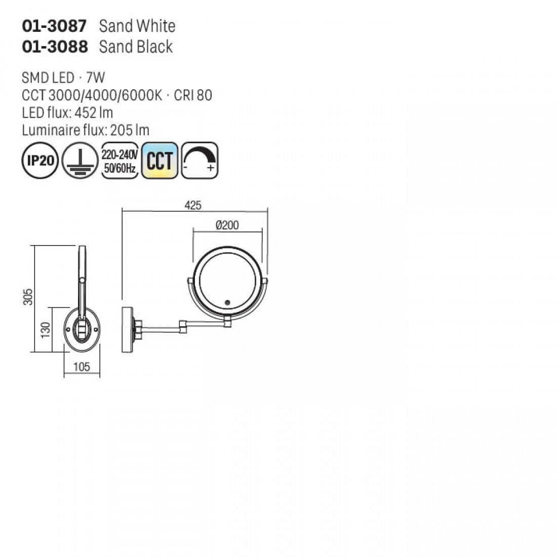 Aplica LED Selfie, alb mat, 7W, 205lm, 3000K-4000K-6000K, IP20, Smarter, 01-3087