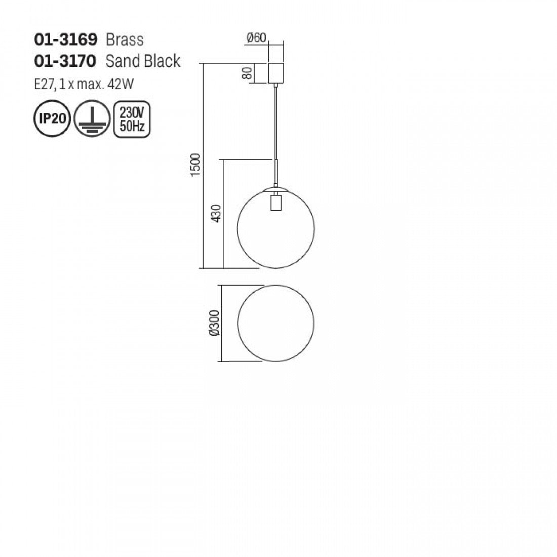 Lustra suspendata Global, alama, 1xE27, D.30cm, IP20, Smarter, 01-3169
