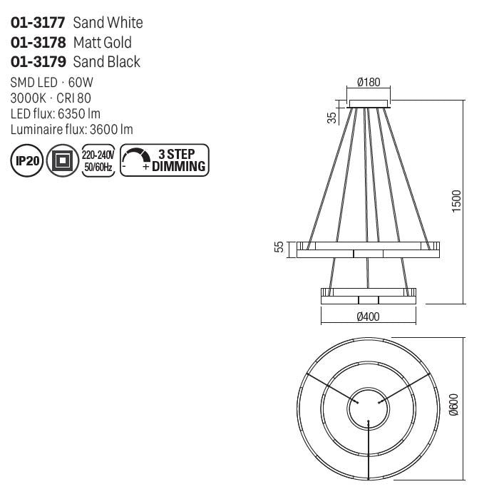 Lustra LED Castle, negru mat, 60W, 3600lm, 3000K, D.60cm, IP20, Smarter, 01-3179