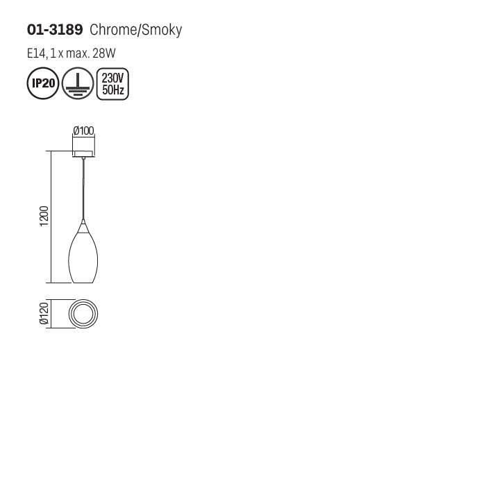 Lustra suspendata Tanner, crom, sticla fumurie, 1XE14, D.12 cm, Smarter 01-3189