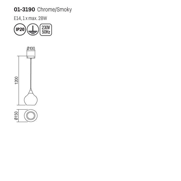 Lustra suspendata Tanner, crom, sticla fumurie, 1XE14, D.15 cm, Smarter 01-3190