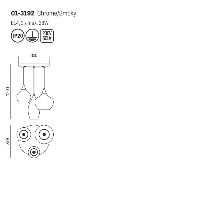 Lustra Tanner, crom, sticla fumurie, 3XE14, D.35 cm, Smarter 01-3192