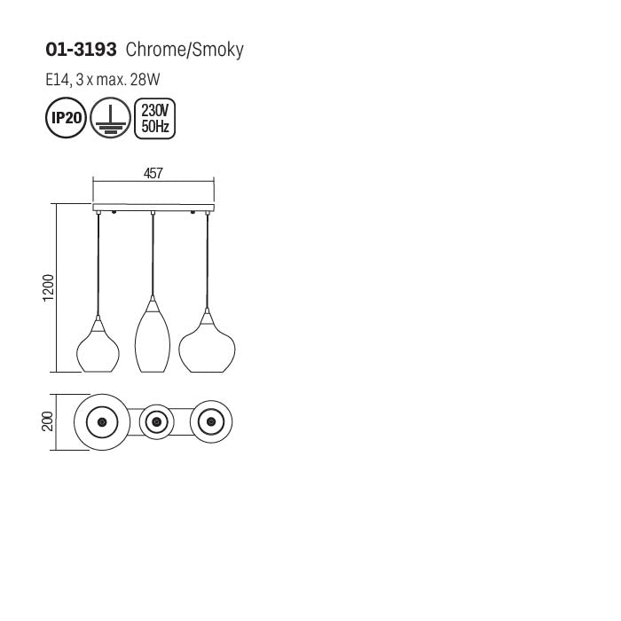 Lustra Tanner, crom, sticla fumurie, 3XE14, L.46 cm, Smarter 01-3193