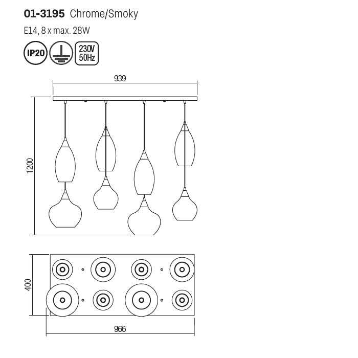 Lustra Tanner, crom, sticla fumurie, 8XE14, L.94 cm, Smarter 01-3195