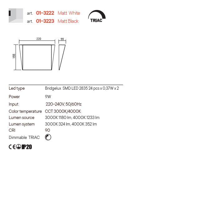 Aplica LED Stealth, alb mat, 9W, 324 lm, 3000K-4000K, Redo, 01-3222