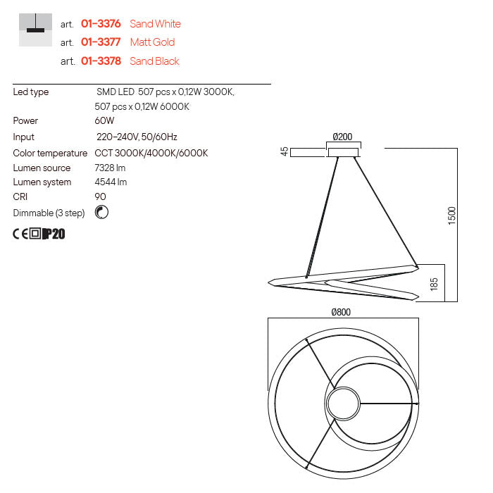 Lustra LED suspendata Storm, alb mat, 60W, 4544lm, 3000K, 4000K, 6000K, D.80cm, IP20, Smarter, 01-3376