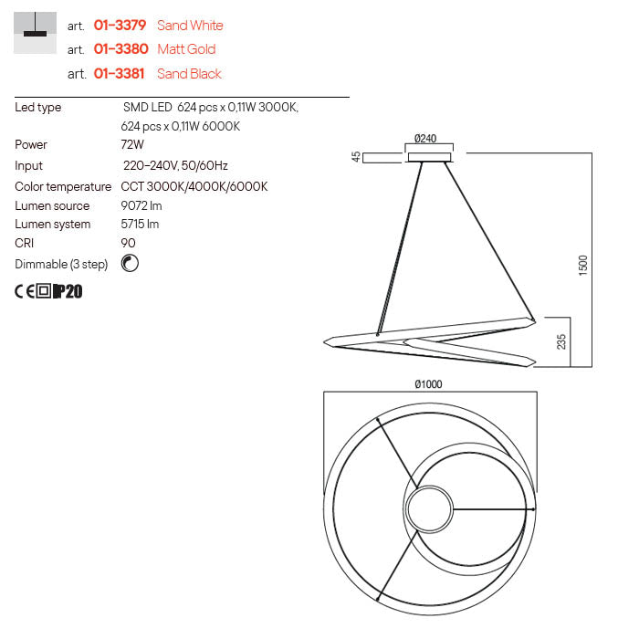 Lustra LED suspendata Storm, alb mat, 72W, 5715lm, 3000K, 4000K, 6000K, D.100cm, IP20, Smarter, 01-3379