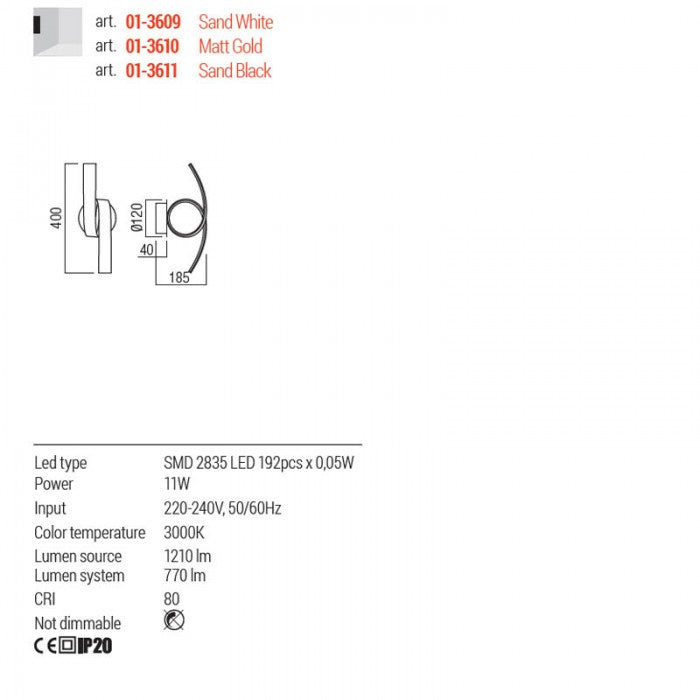 Aplica LED Impuls, auriu mat, 11W, 770 lm, 3000K, IP20, Redo, 01-3610