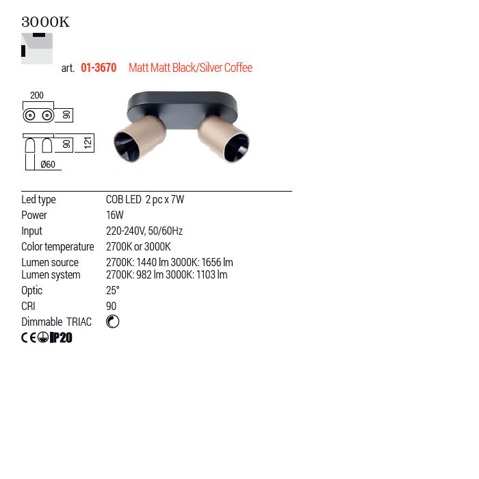 Plafoniera LED Kobe, negru/silver coffee, 16W, 1103lm, 3000K, L.20cm, IP20, Redo, 01-3670