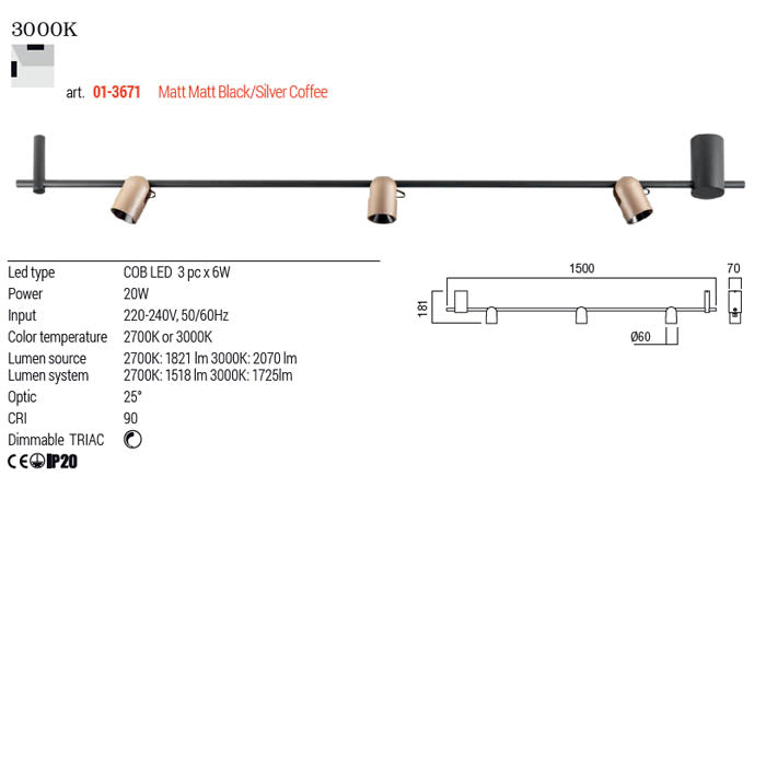 Plafoniera LED Kobe, negru/silver coffee, 20W, 1725lm, 3000K, L.150cm, IP20, Redo, 01-3671