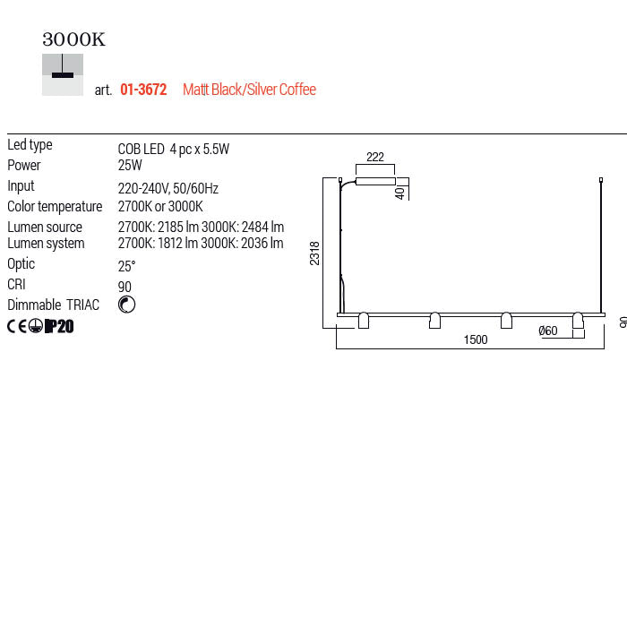 Lustra LED Kobe, negru/silver coffee, 25W, 2036lm, 3000K, L.150cm, IP20, Redo, 01-3672