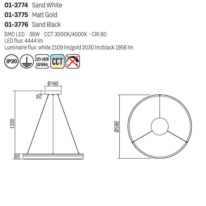Lustra Valdis, auriu mat, LED CCT, 38W, 3000K-4000K, 2030 lumeni, D.59 cm, Smarter 01-3775