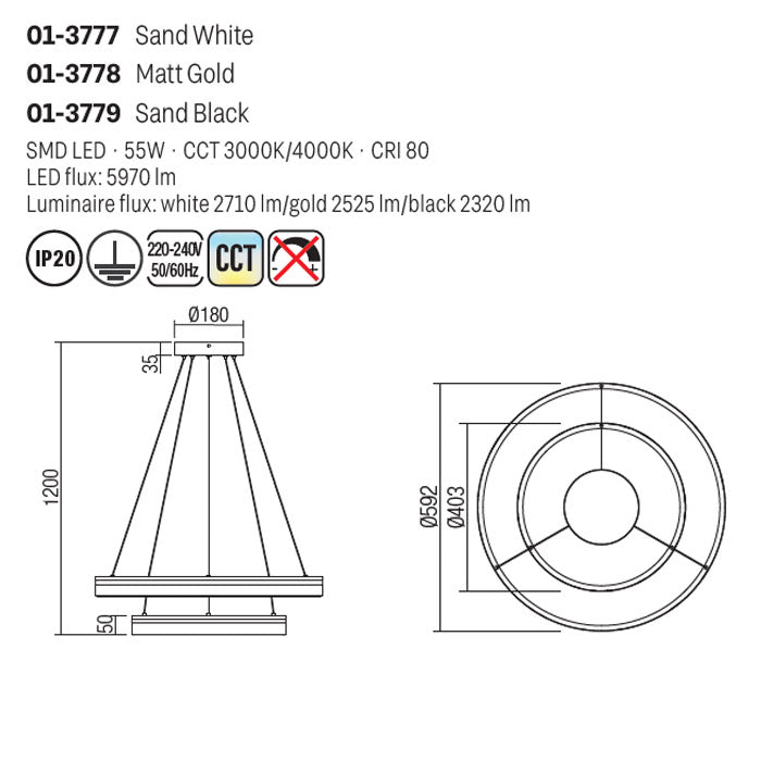 Lustra Valdis, auriu mat, LED CCT, 55W, 3000K-4000K, 2525 lumeni, D.60 cm, Smarter 01-3778