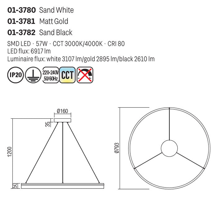 Lustra Valdis, negru mat, LED CCT, 57W, 2610 lumeni, 3000K/4000K, D.79 cm, Smarter 01-3782