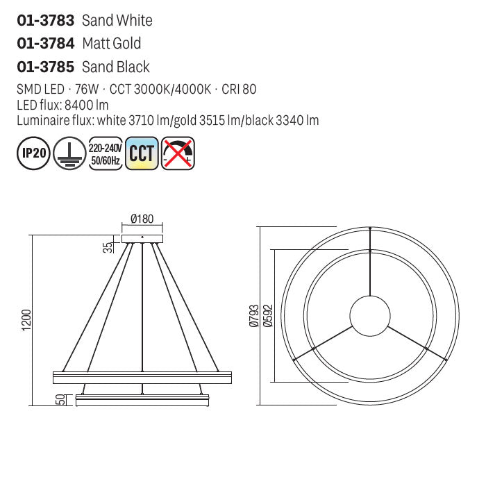 Lustra Valdis, auriu mat, LED CCT, 76W, 3710 lumeni, 3000K/4000K, D.79 cm, Smarter 01-3784