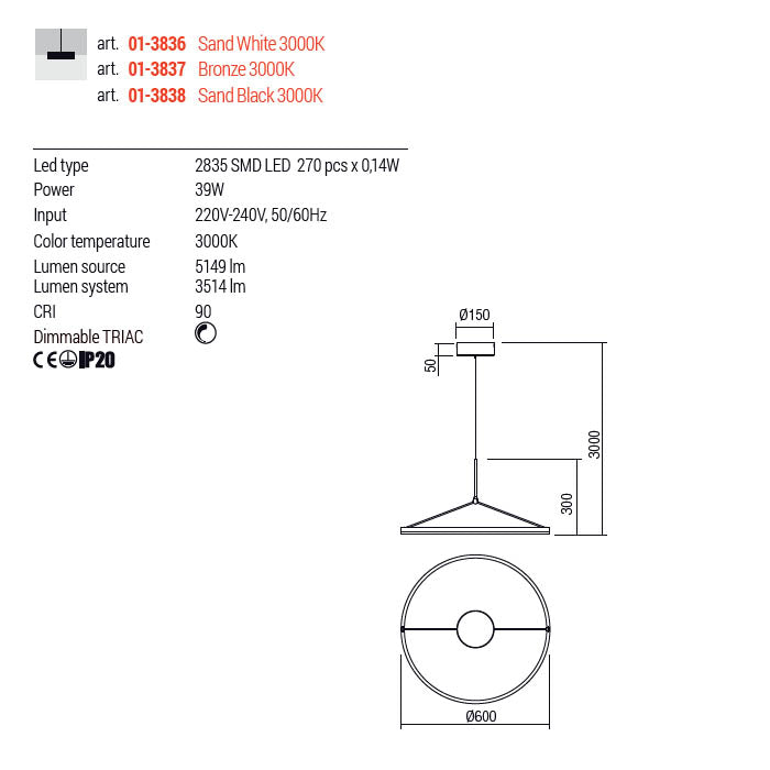 Lustra suspendata LED Orbit, negru mat, 39W, 3514lm, 3000K, D.60 cm, IP20, Redo, 01-3838