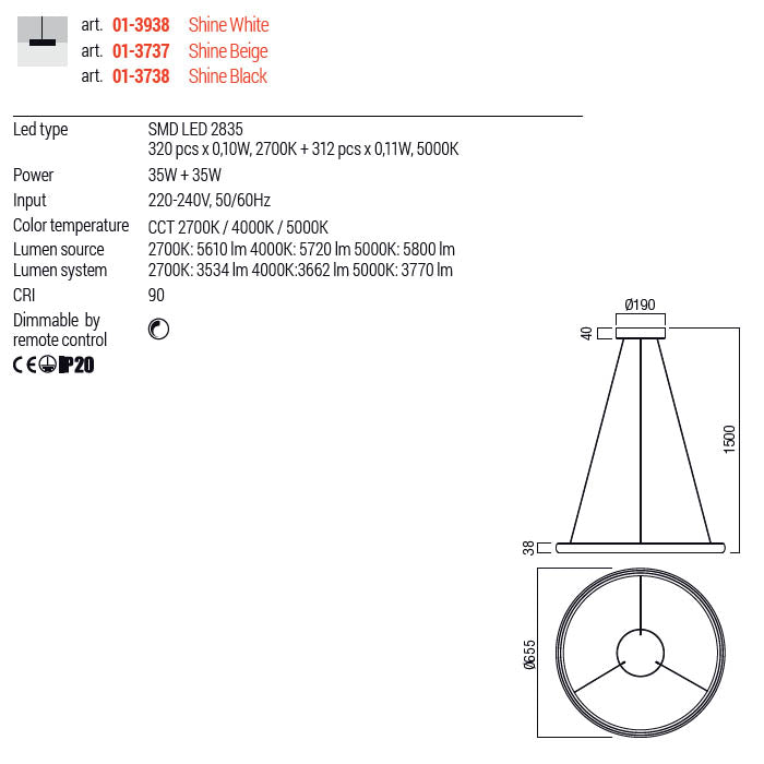 Lustra LED Vance, negru, 70W, 5800lm, 2700K, 4000K, 5000K, telecomanda, D.65cm, IP20, Redo, 01-3738