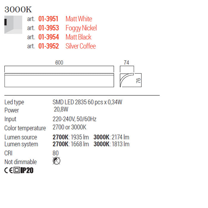Aplica LED Velas, alb mat, 21W, 1813 lm, 3000K, L.60 cm, IP20, Redo, 01-3951