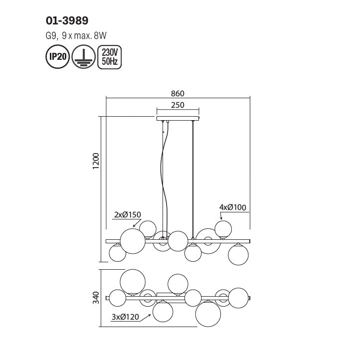 Lustra Astra, negru mat, fumuriu degrade, 9XG9, L.86 cm, Smarter 01-3989