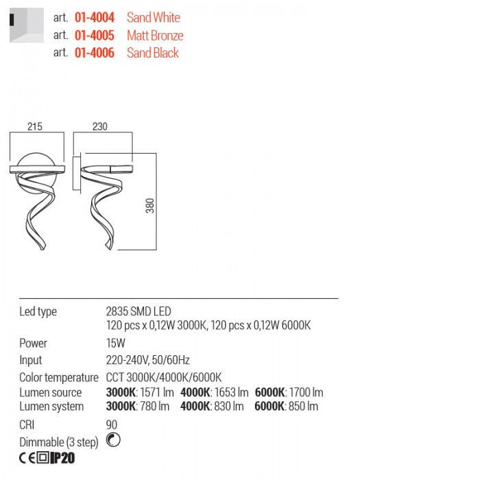 Aplica LED Scroll, bronz mat, 15W, 850 lm, 3000K/4000K/6000K, IP20, Redo, 01-4005