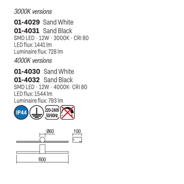 Aplica Row, alb mat, LED, 12W, 728 lumeni, 4000K, IP44, L.60 cm, Smarter 01-4030