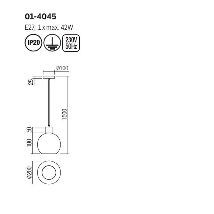 Lustra suspendata Atlantis, negru mat, sticla fumurie, 1XE27, D.20 cm, Smarter 01-4045
