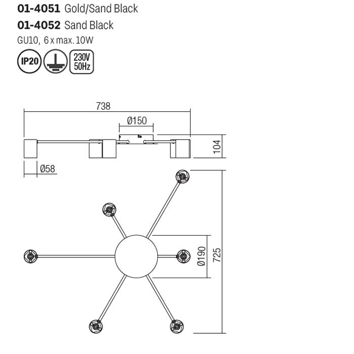 Plafoniera Noa, auriu mat, 6XGU10, L.74 cm, IP20, Smarter, 01-4051