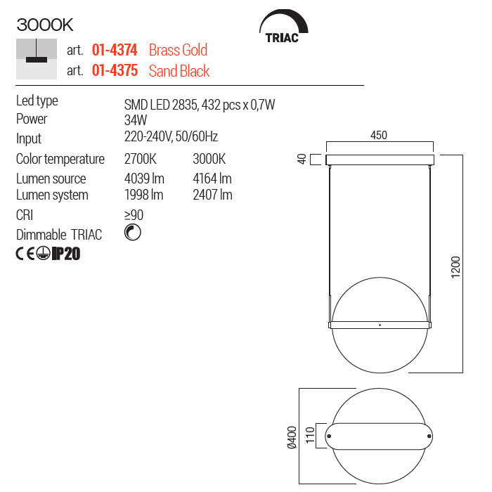 Lustra suspendata LED Atlas, alama, 34W, 2407lm, 3000K, D.40cm, IP20, Redo, 01-4374