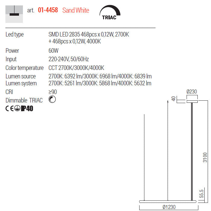 Lustra LED Halley, alb, 60W, 5860lm, 2700K, 3000K, 4000K, D.123cm, IP40, Redo, 01-4458