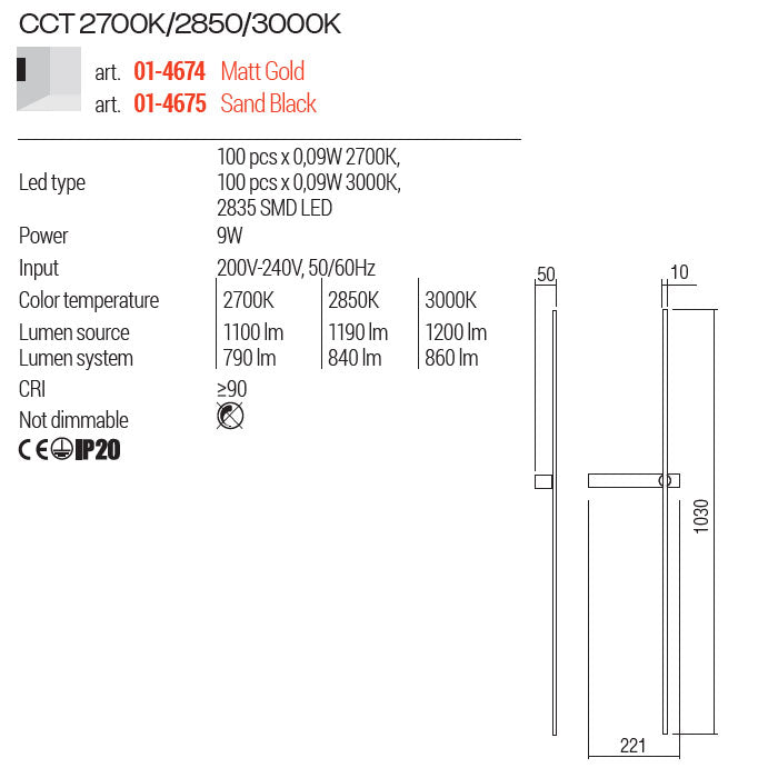 Aplica LED Tangent, negru mat, 9W, 860lm, lumina calda 2700K,2850K,3000K, IP20, Redo, 01-4675