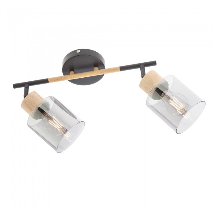 Plafoniera Hansen, negru/lemn, sticla fumurie, 2XE27, L.43 cm, IP20, Smarter, 04-528