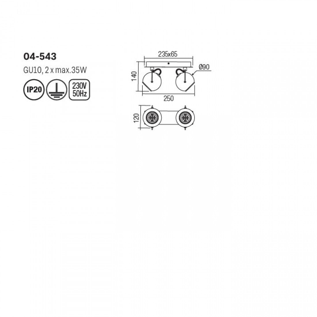 Plafoniera Ward, negru mat, sticla, 2xGU10, L.24cm, IP20, Smarter, 04-543