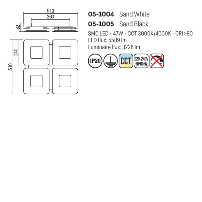 Plafoniera LED Quant, alb mat, 47W, 3226lm, 3000K/4000K, L.51 cm, IP20, Smarter, 05-1004