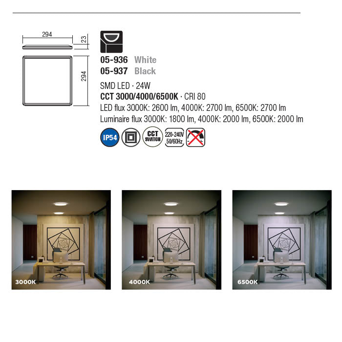 Plafoniera MEMO, negru mat, LED CCT, 24W, 2700 lumeni, 3000K-4000K-6500K, L. 30 cm, IP54, Smarter 05-937