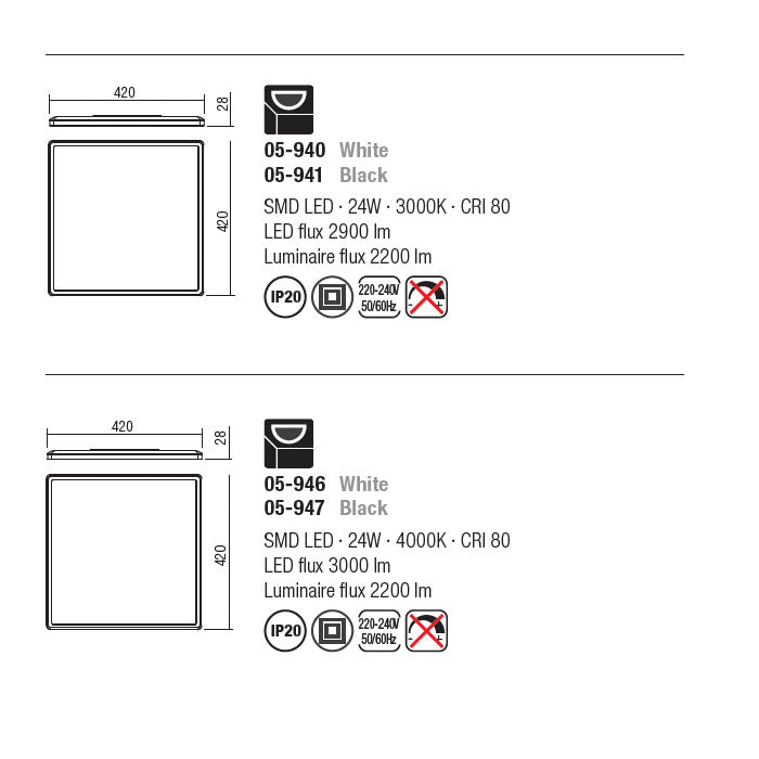 Plafoniera LED Memo, alb mat, 24W, 2200lm, 3000K, L.42cm, IP20, Smarter, 05-940
