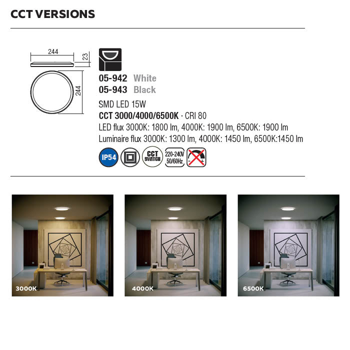 Plafoniera Memo, alb mat, LED CCT, 15W, 1900 lumeni, 3000K-4000K-6500K, D. 25 cm, IP54, Smarter 05-943