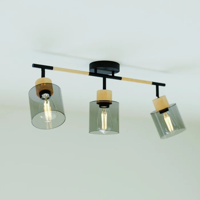 Plafoniera Hansen, negru/lemn, sticla fumurie, 3XE27, L.63 cm, IP20, Smarter, 04-529