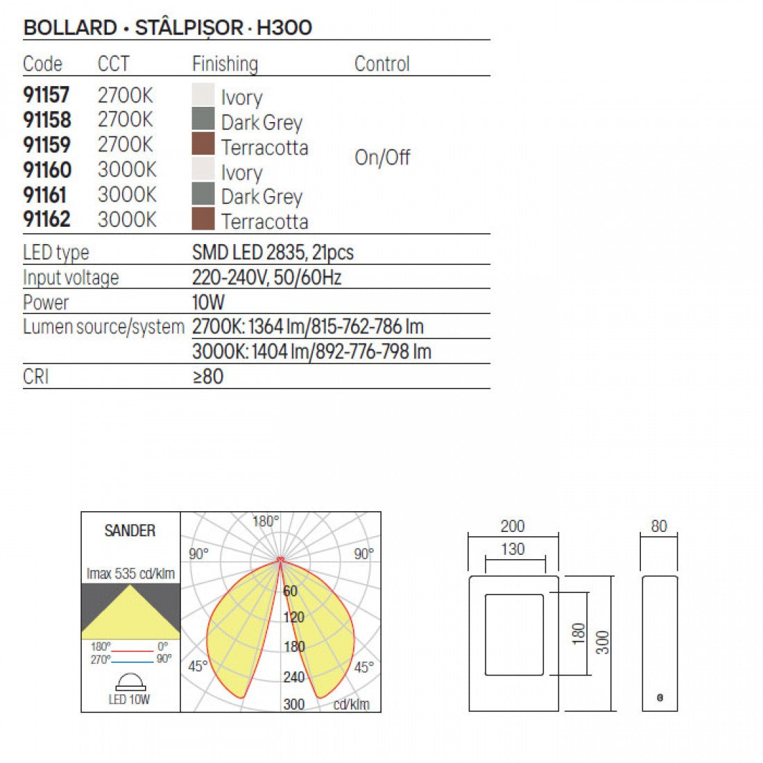 Stalp exterior LED Sander, teracota, 10W, 815lm, 2700K, IP65, H.30cm, Redo, 91159