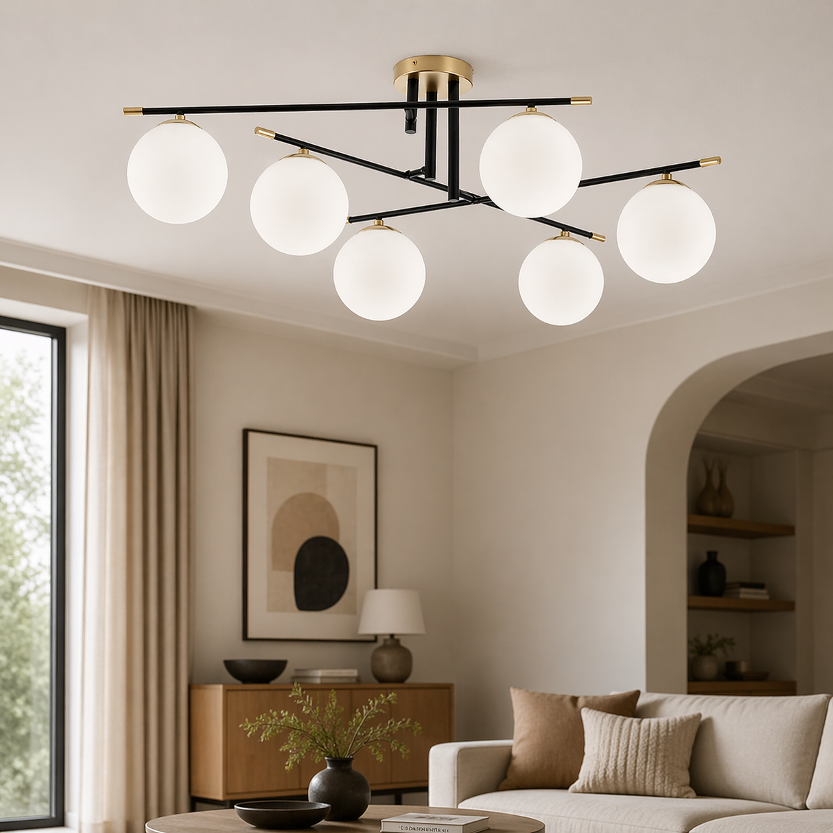 Lustra Essential, negru/auriu, sticla, 6XE14, D.90 cm, Smarter 01-2948