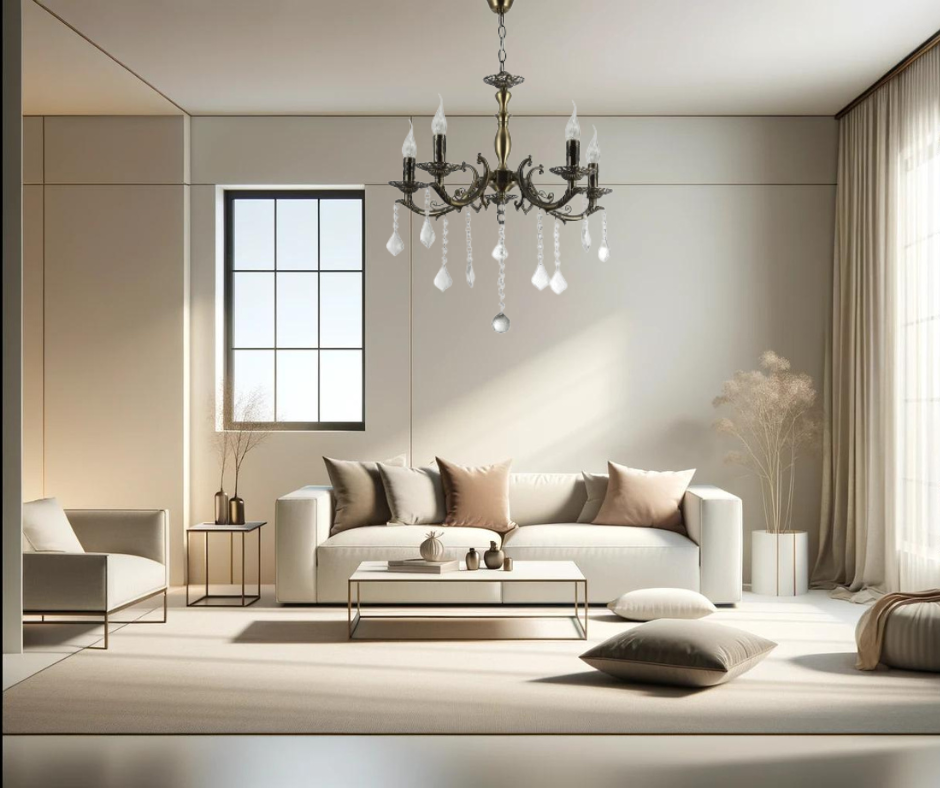 Lustra 5 becuri, bronz, decoratiuni din sticla