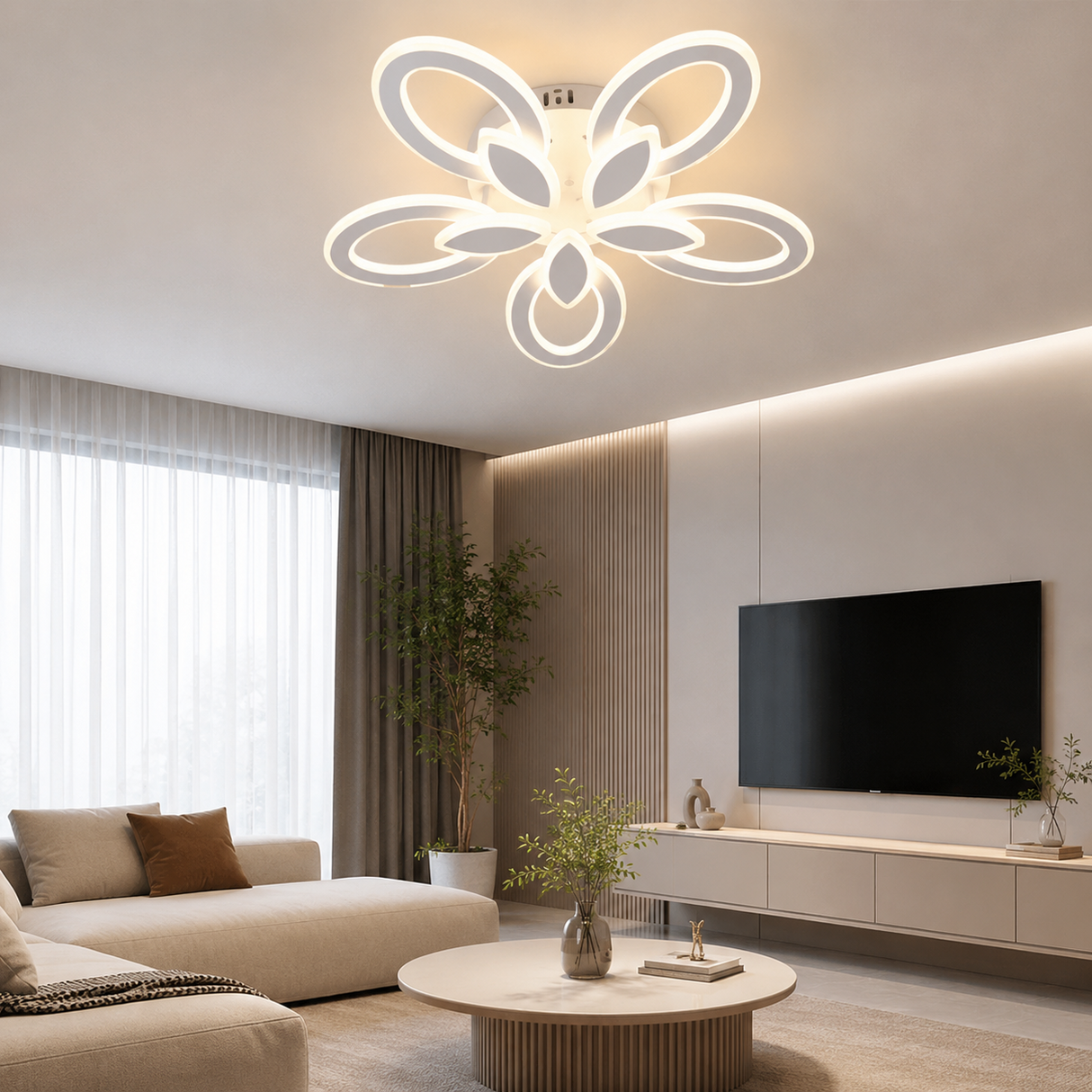 Lustră LED Modernă Flower, Design Floral Elegant, Alb Mat, 140W