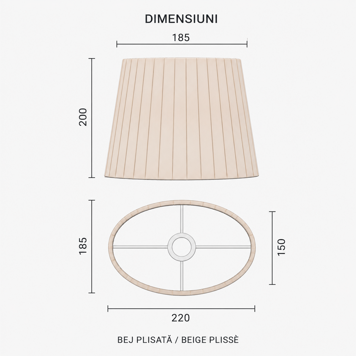 Abajur textil plisat bej oval – 22 × 20 cm