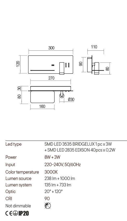 Aplica LED Brook, negru, 8W + 3W, 238 lm +1000 lm, 3000K, IP20, Redo, 01-2985