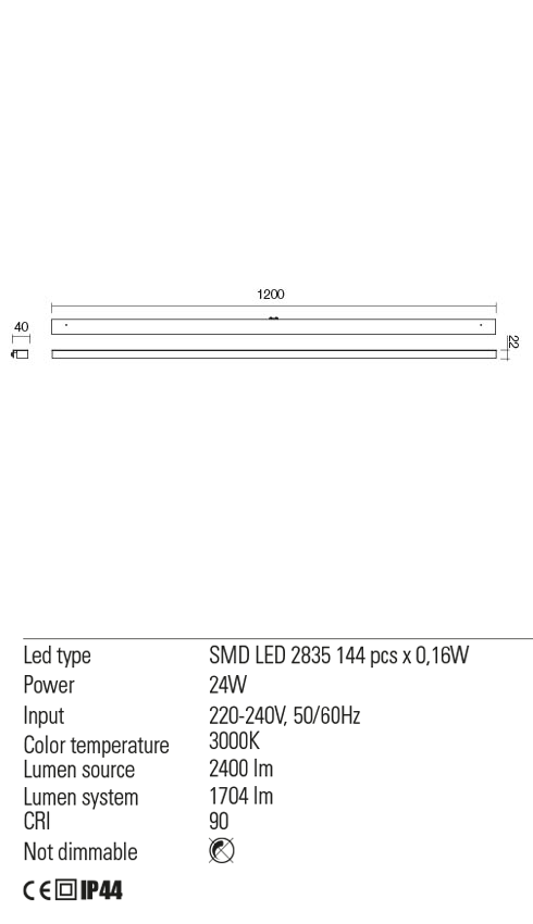 Aplica baie LED Ermes, crom, 24W, 2400 lm, 3000K, L.120cm, IP44, Redo, 01-2293