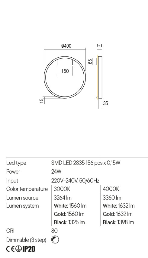 Aplica LED Febe, alb mat, 24W, 3264 lm, 3000K, IP20, Redo, 01-2815